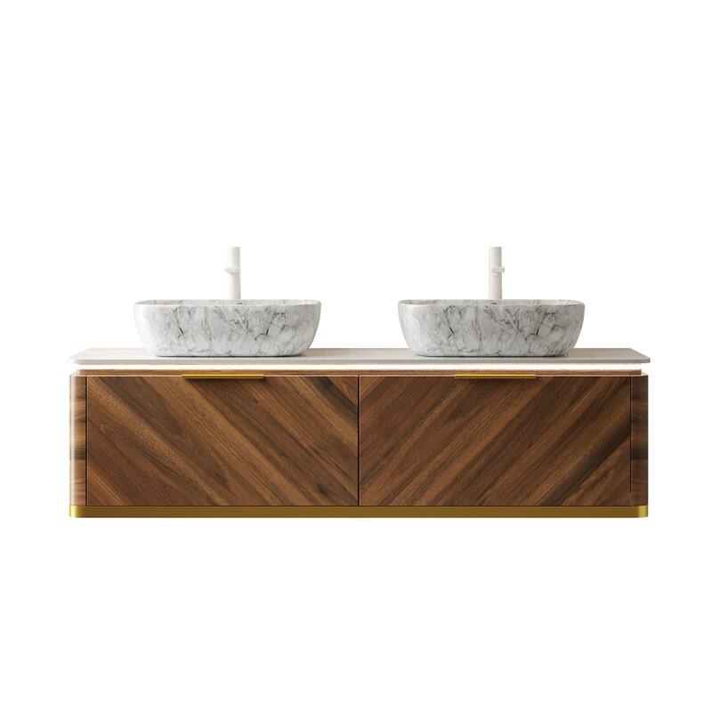 GDFStudio - Dipa 60" Bathroom Vanity with 2 Marble Vessel Basins, Sintered Stone Countertop & Sensor Light, WITHOUT Faucet
