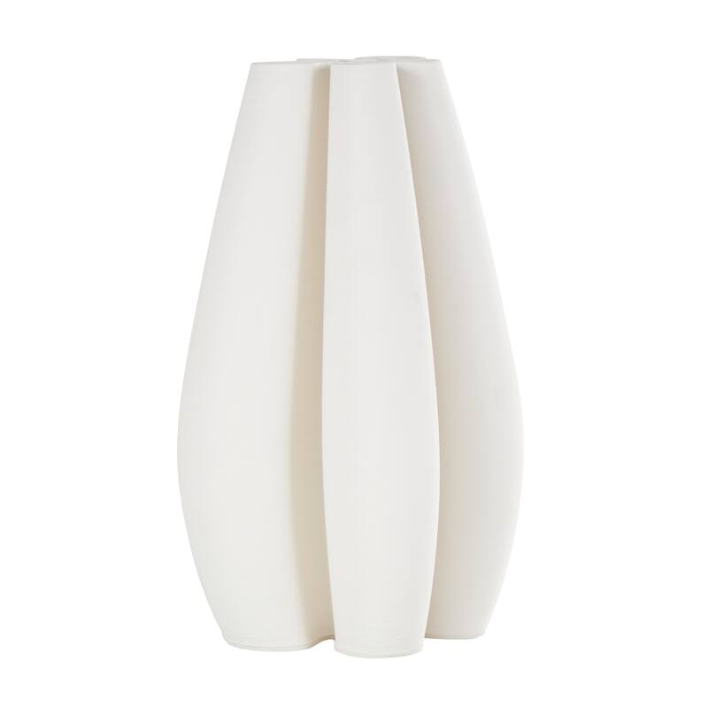 White Ceramic Ribbed Dimensional Concaved Abstract Vase with Floral Shaped Rim