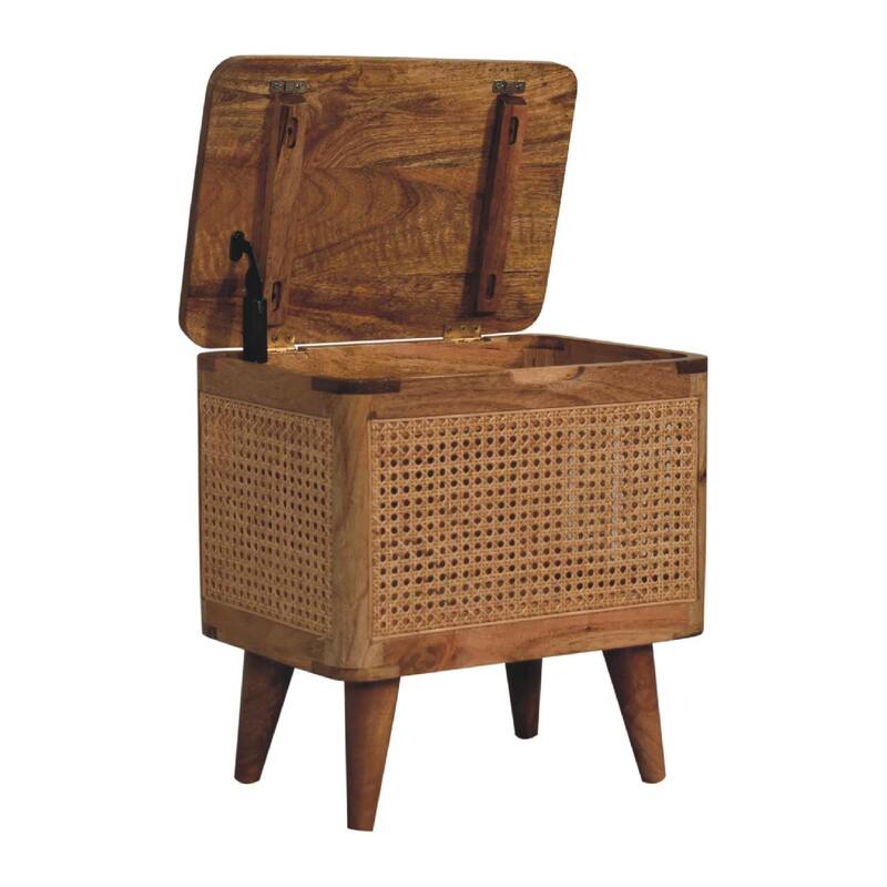 Stylish and Minimalist Wood Lid-up Storage Stool with Rattan Design