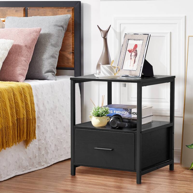 Javlergo Nightstand with Drawer, Bedside Table End Table for Bedroom Dorm Nursery Living Room, Open Storage Shelf - Black