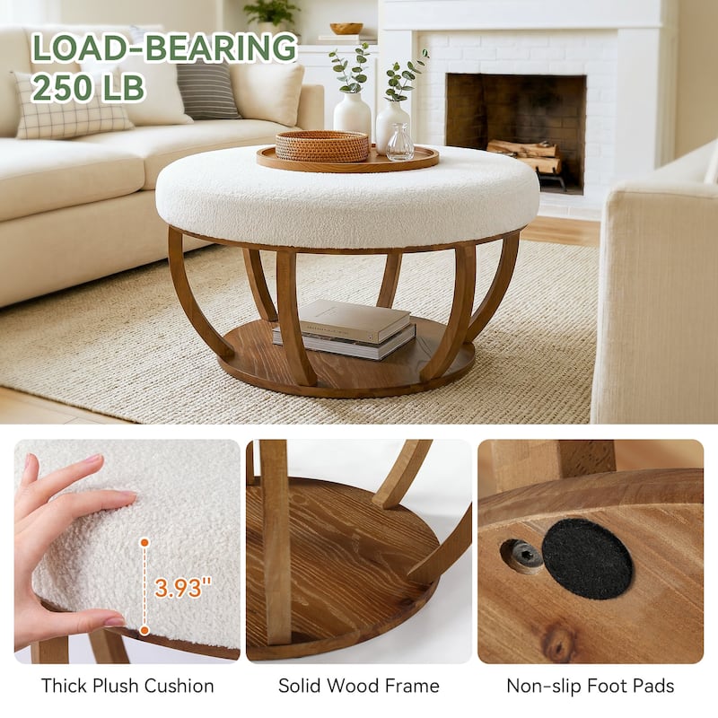 2-Tier Round Ottoman Coffee Table with Solid Wood Frame for Living Room - 31.5" L x 31.5" W x 18.1" H