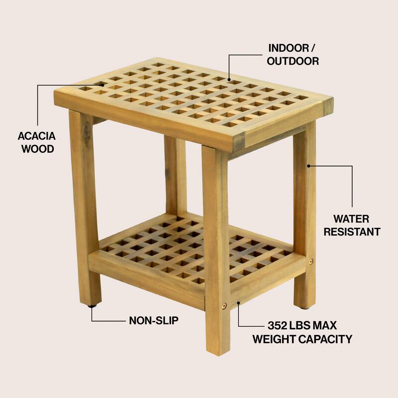 Armin 18.1" Classic Grid Slat Solid Acacia Wood Indoor/Outdoor Shower Stool, By JONATHAN Y - 18.1L x 11.81W x 17.72H