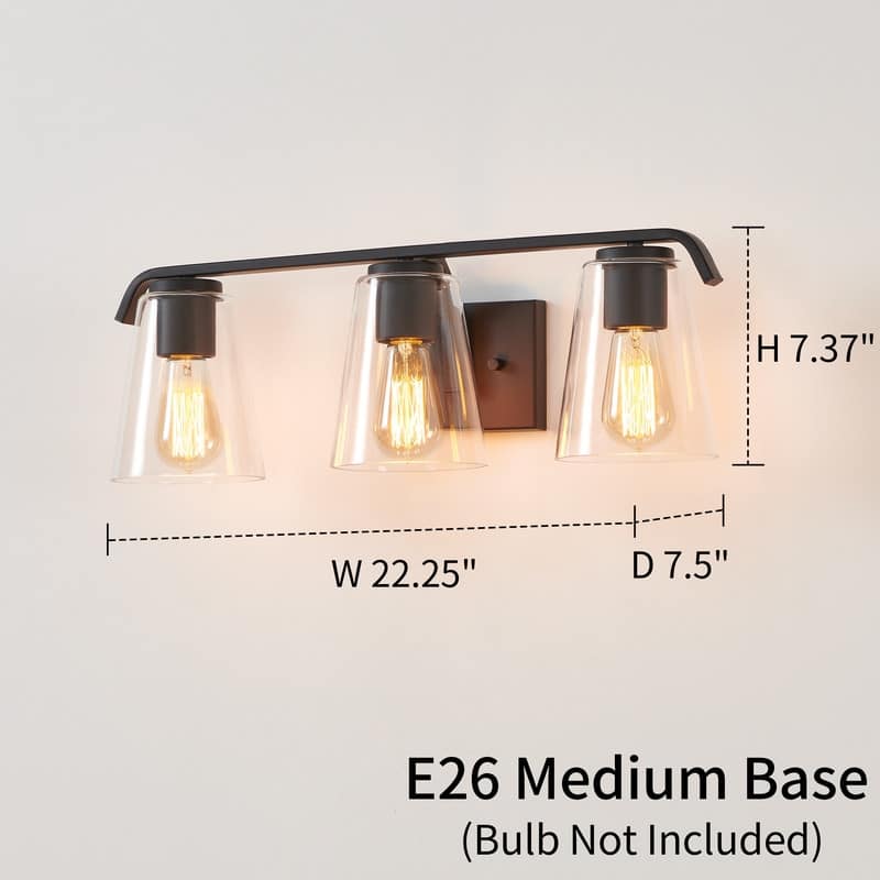 KAWOTI 22.25’’ 3-Light Painted Black Vanity Light with Clear Glass Shades - L22.25" * D7.5" * H7.3"