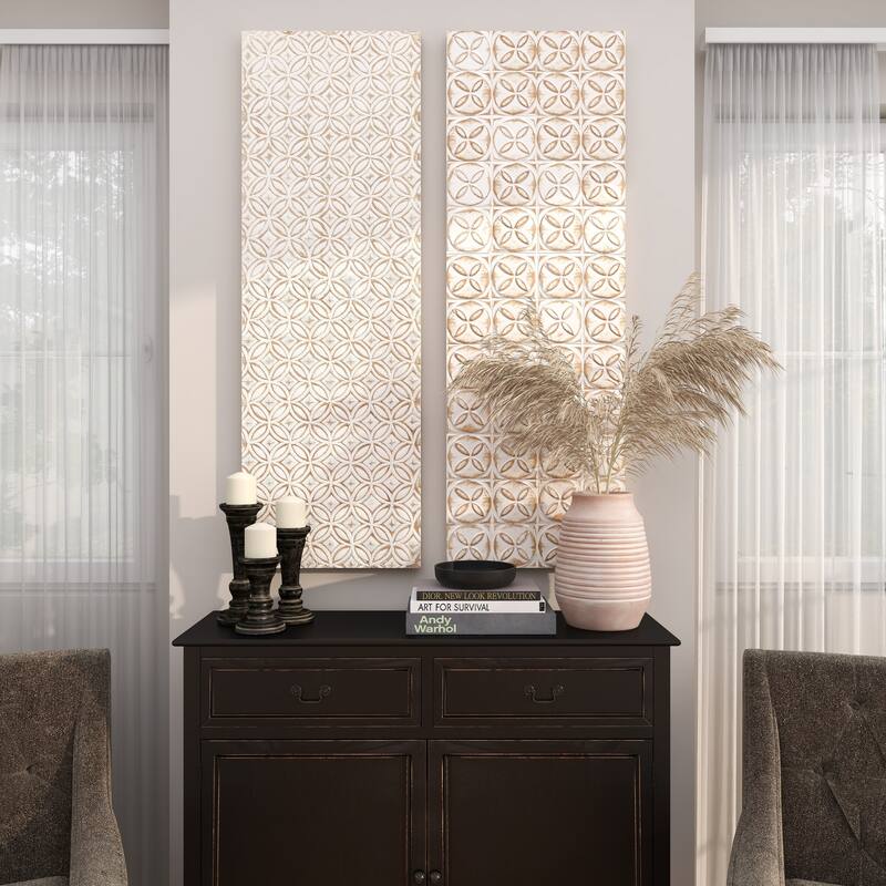 White Wooden Intricately Carved Geometric Home Wall Decor (Set of 2)