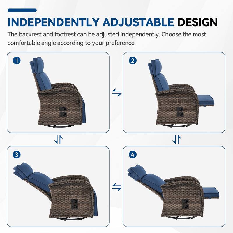 Pocassy 3PCS Versatile Outdoor Recliner Chair with Side Table Blue Cushion