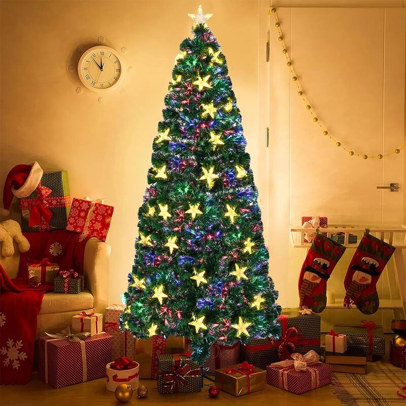 7FT Pre-lit Fiber Optic Christmas Tree with Large Stars, Artificial Xmas Tree Spruce Tree Green Tree with Metal Stand