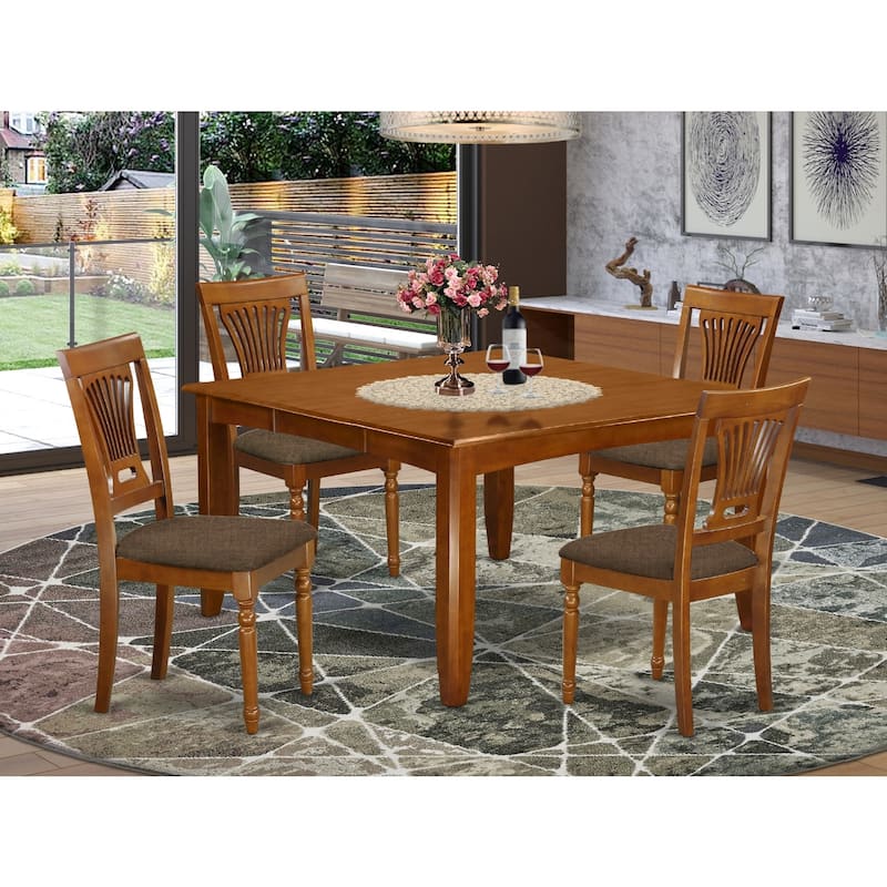 HomeStock 5-Piece Square Saddle Brown Finish Solid Wood Top Dining Table with 4 Chairs with Lattice Back
