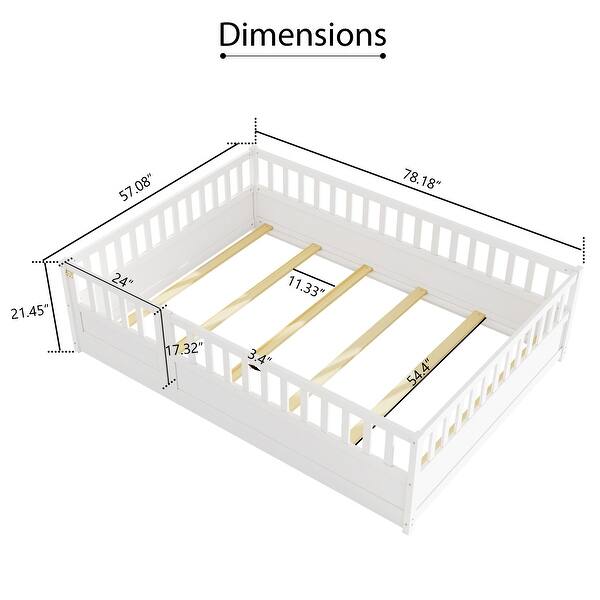 White Full Size Pine Wood Floor Bed with Full-length Guardrail and Door for Kids, Adults