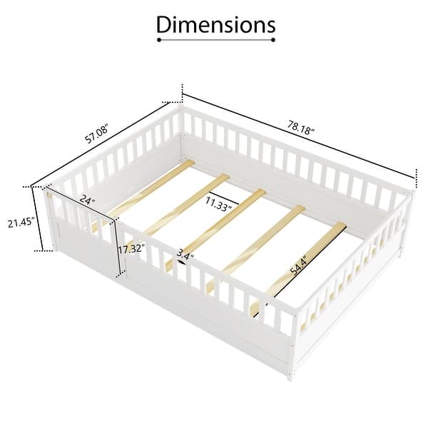dimension image slide 5 of 11, Wood Montessori Floor Bed with Super High Security Barrier, Door and Support Slats
