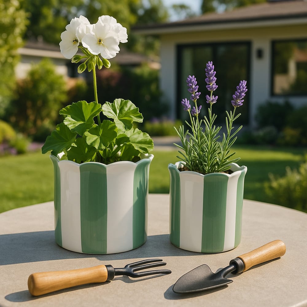 Ceramic Striped Flower Pots with Scalloped Edge - Set 2, 8", 6" - 8.0"