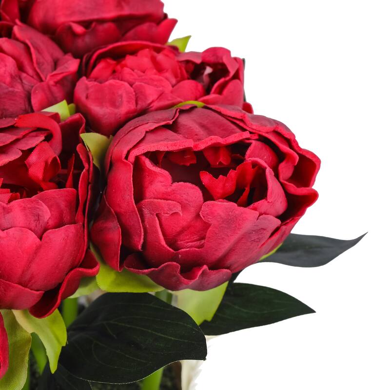 National Tree Company 10 in. Red Peony Flower Bouquet in White Basket - 10 in