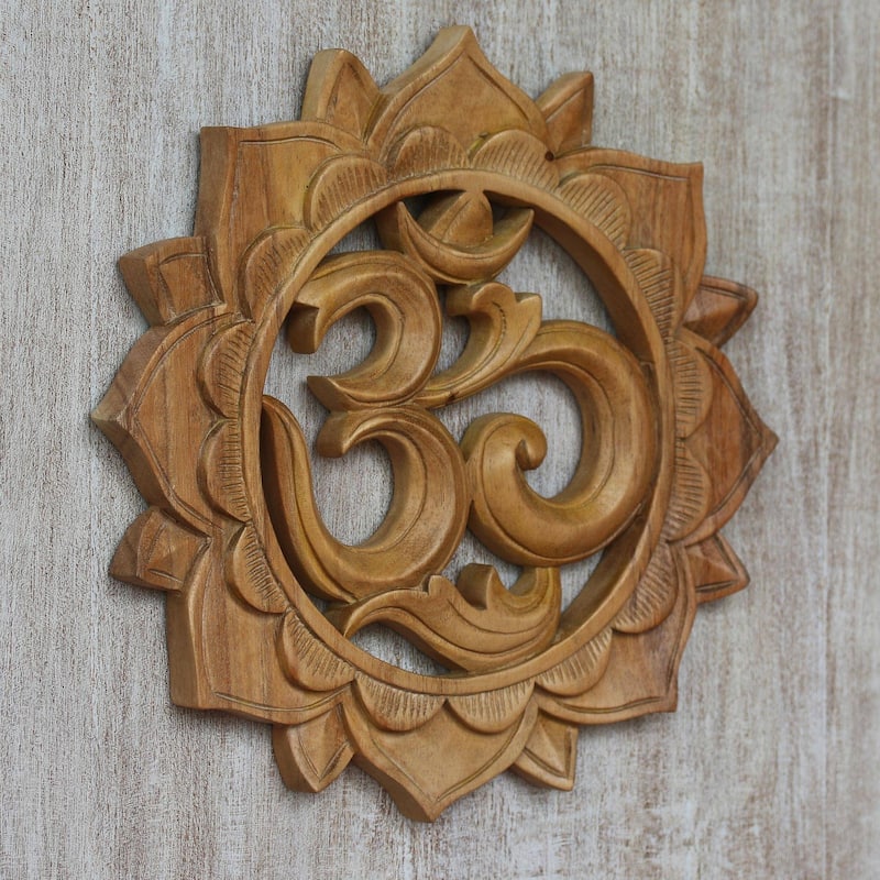 Handmade Sunflower Om Wood relief panel (Indonesia) - 0.8" H x 11.75" Diam.