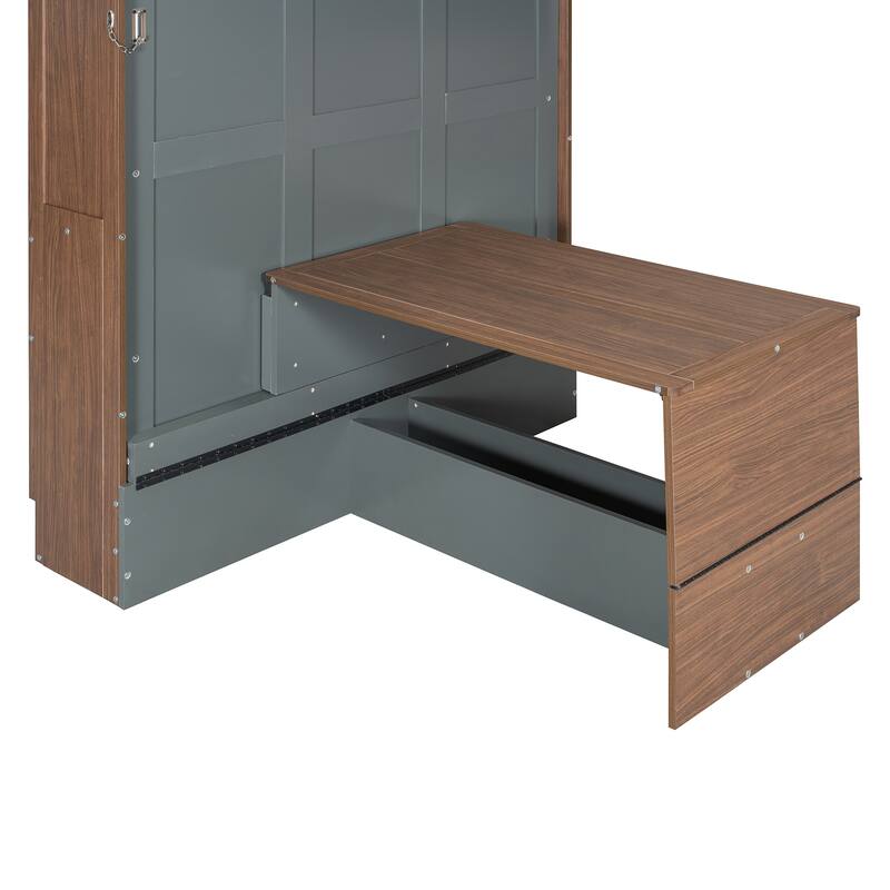 Full Size Murphy Bed Office Combo with Walnut Finish, Fold Down Bed w/ Workstation for Home Office Studio Contemporary Wall Bed