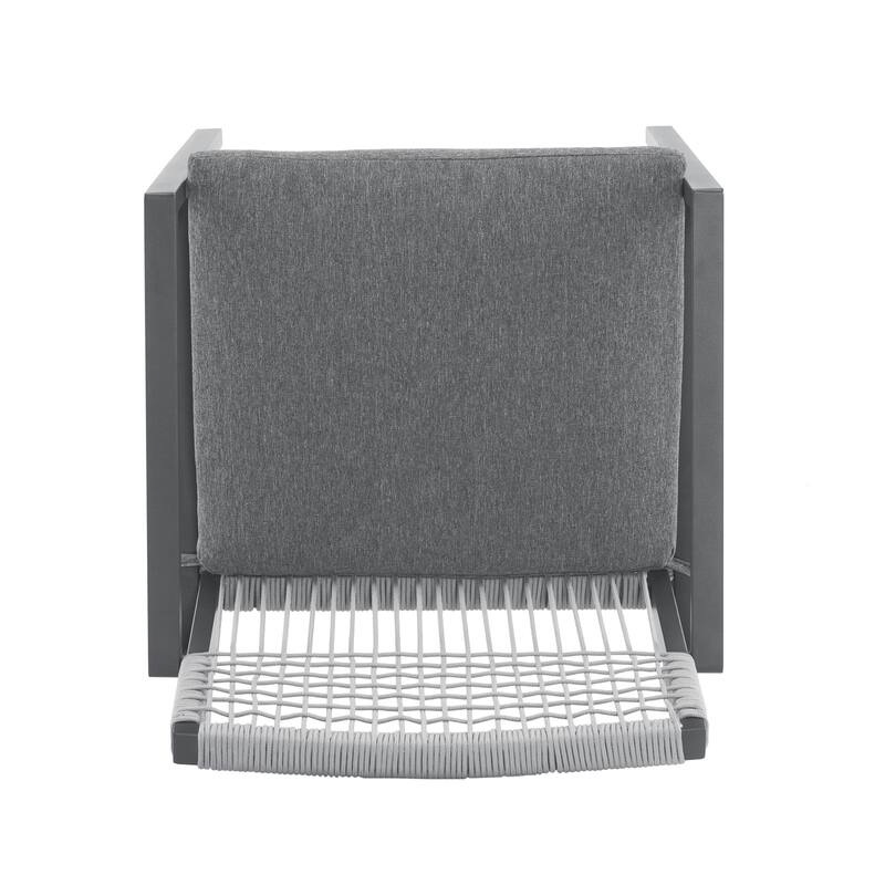 Roomfitters Outdoor Dining Set 7 Piece Aluminum Table Rope Woven Chairs U-Legs, Grey Black