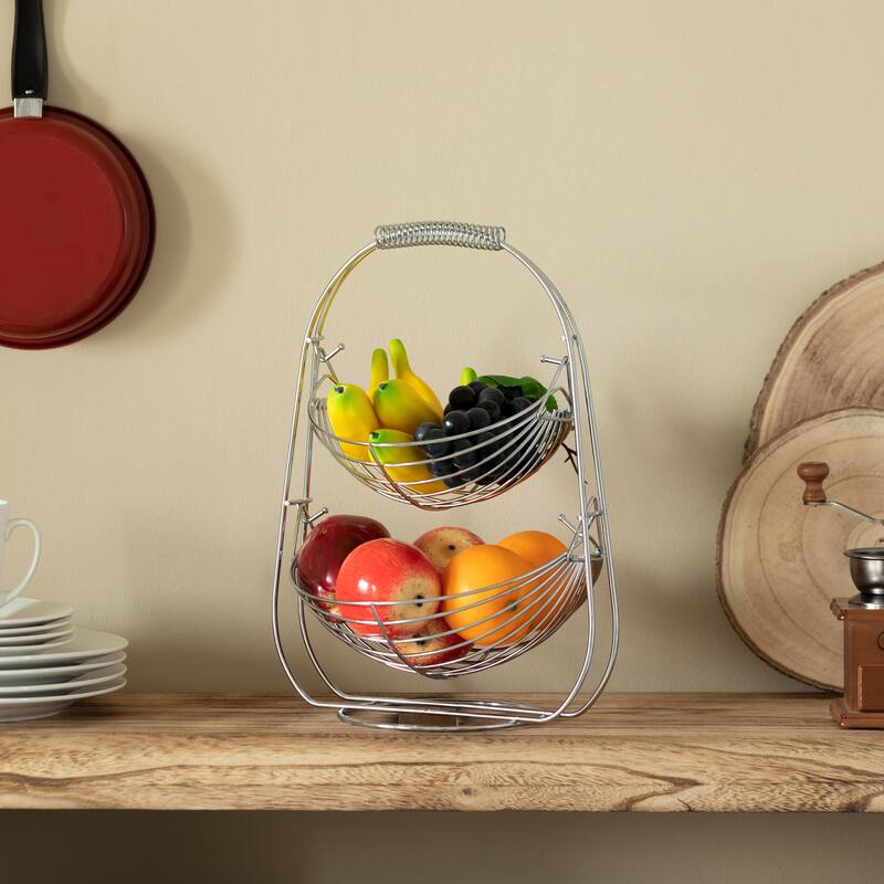 2 Tier Metal Fruit Holder Swing Basket for Kitchen Detachable Countertop Vegetables Storage Organizer with Display Hammock Stand