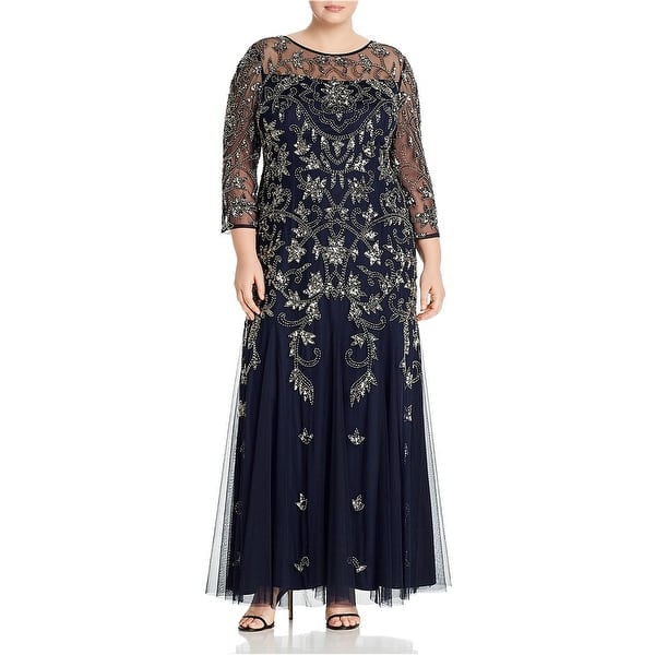 Adrianna Papell Womens Embellished Illusion Gown Dress, Blue, 18W - Bed  Bath & Beyond - 41980964