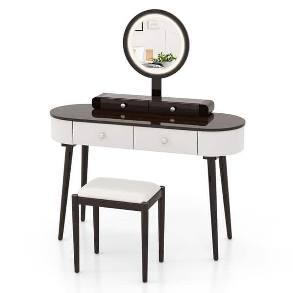 slide 2 of 40, Costway Solid Wood Makeup Vanity Desk Set with LED Lighted Mirror