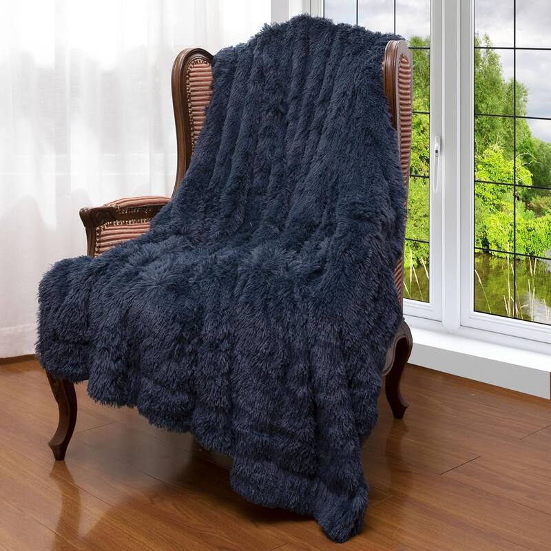 Cheer Collection Reversible Faux Fur Accent Throw Blanket - 50x60 - Navy