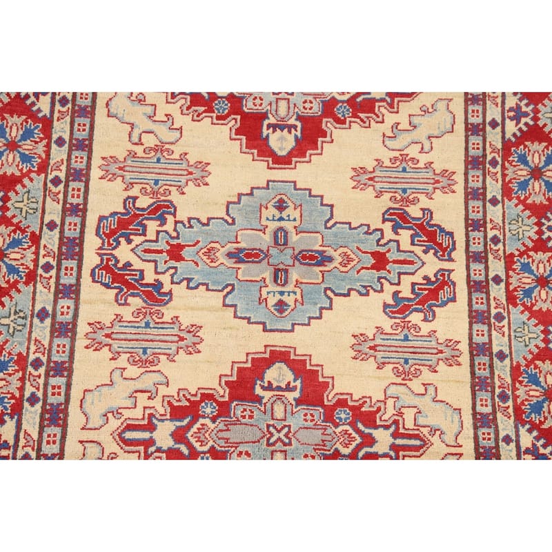 Geometric Beige Kazak Area Rug Hand-Knotted Bedroom Wool Carpet - 4'10" x 6'5"