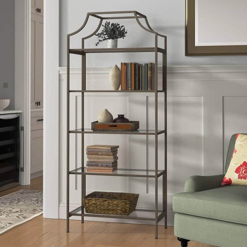 Metal Etagere Bookcase with 5 Safety Tempered Glass Shelves Freestanding Display Rack for Living Room Bedroom Office