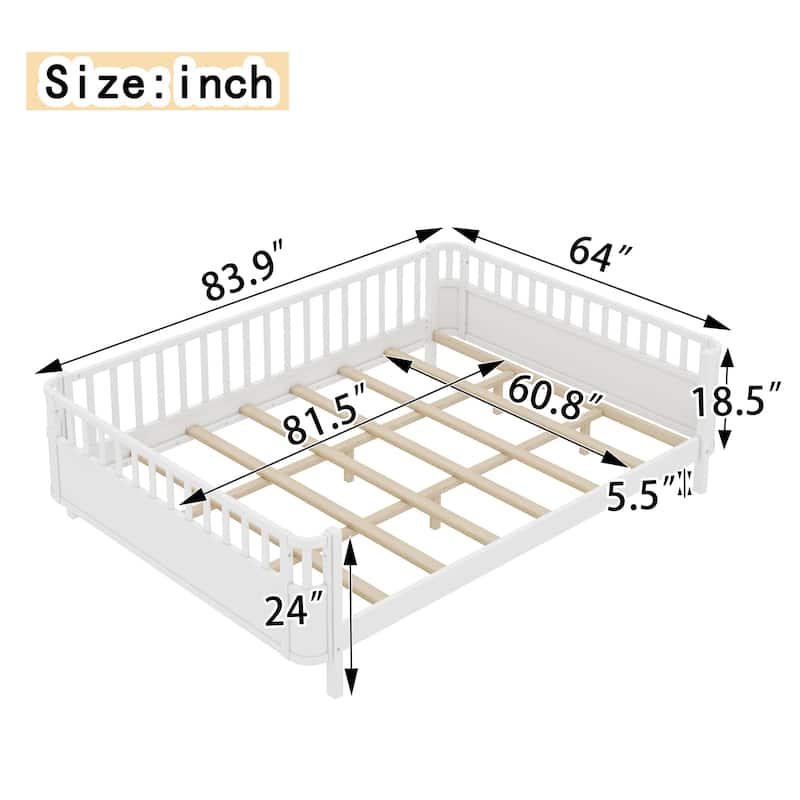 Multi Size Low Platform Bed for Kids with Rounded Corners Guardrails, Detachable Right-side Fence and Open Left-side Design