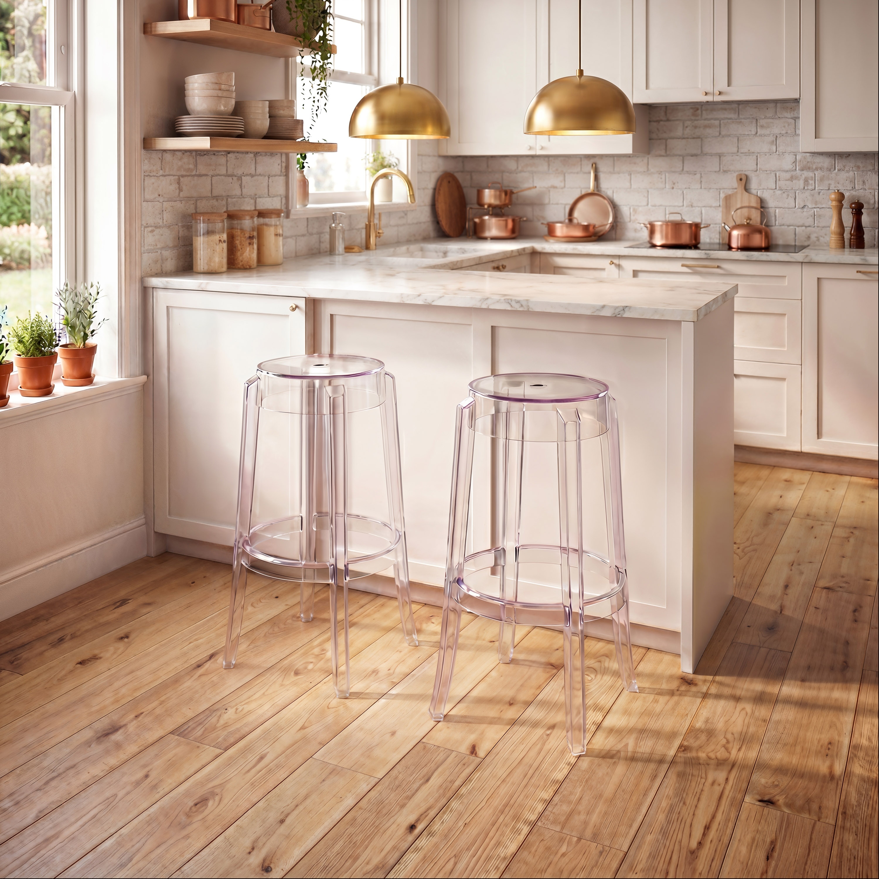Clear Acrylic Ghost Bar Stools, Stackable, Set of 2