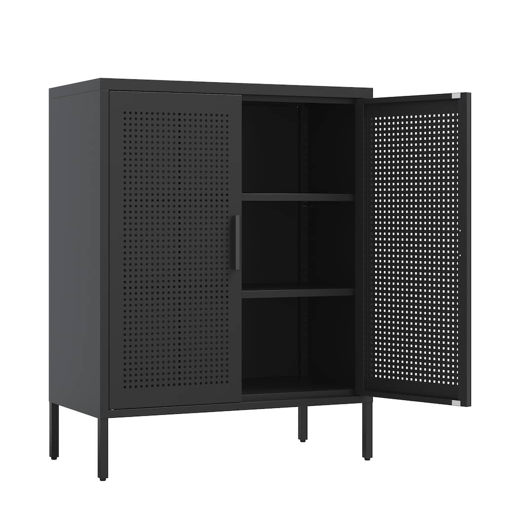 Metal Storage Cabinet with 2 Doors and 2 Adjustable Shelves, Steel Lockable Garage Storage Cabinet