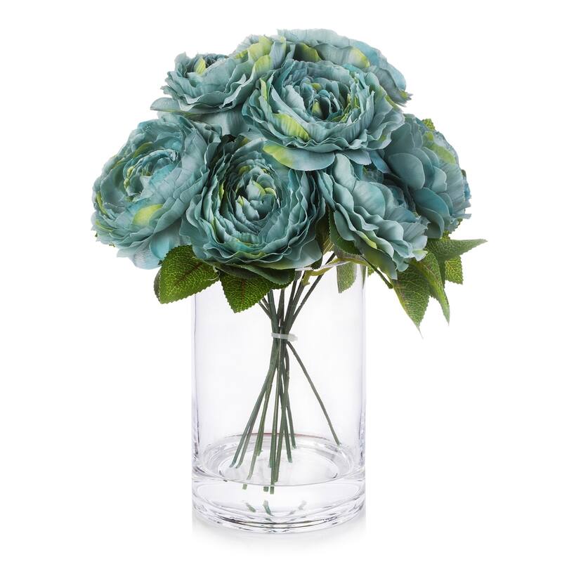 Enova Home Artificial Silk Peony Fake Flowers Arrangement in Glass Vase ...