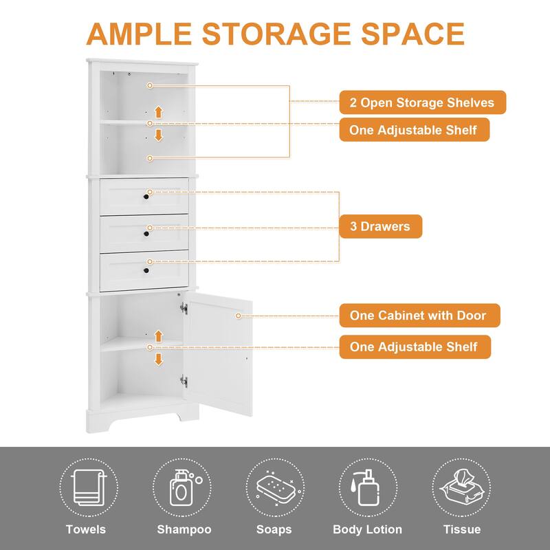 Corner Tall Bathroom Cabinet, Freestanding Kitchen Pantry Cabinet, Triangle Storage Cabinet with 3 Drawers & Adjustable Shelves