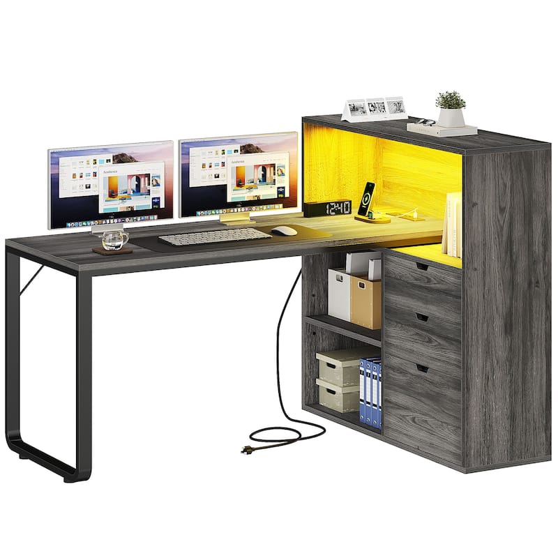 Moasis 55" LED L-Shaped Desk with Drawers and Cabinet, Corner Computer Desk with Power Outlets USB Ports - Grey