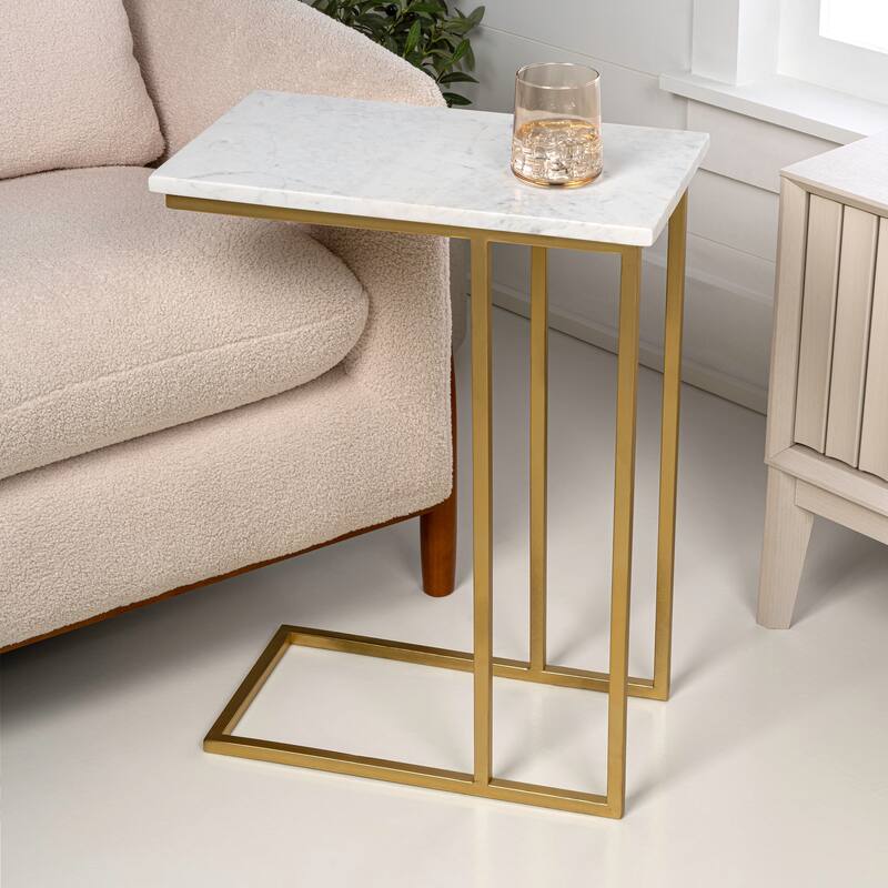 Caius 24.25" Industrial Metal C-Shaped End & Side Table w/ White Marble Top, By JONATHAN Y - White/Gold