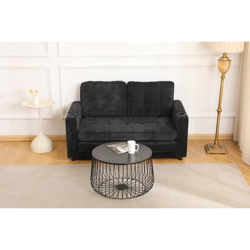 Sofa Bed with Pull-Out Straps, Velvet Sleeper Sofa with Side Storage Bags, Convertible Lounge Chaise Loveseat Daybed - Black