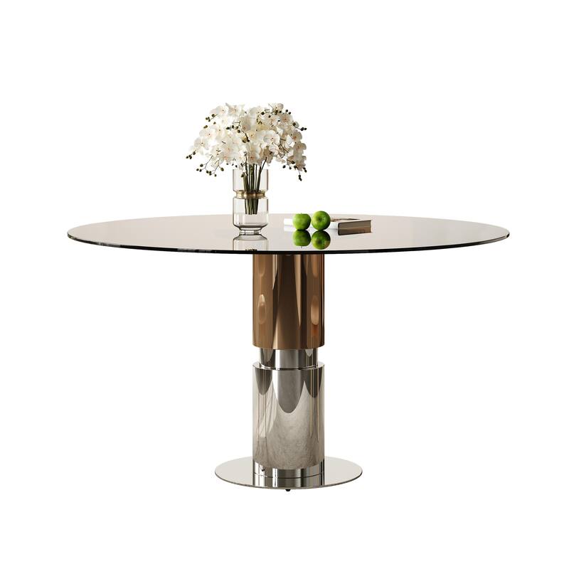 3 Piece Round Dining Table Set Tempered Glass Top Stainless Steel Base 4 Chairs