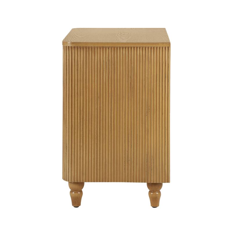 Mid-Century Fluted 3-Drawer Nightstand - Curved Profile + Gold Glossy Handles, Easy Assembly (Natural)