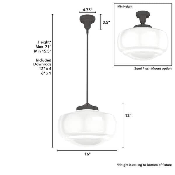 dimension image slide 2 of 4, Hunter 16" Saddle Creek 1 Light Pendant / Semi-Flush Mount Ceiling Light - Entry, Kitchen Island, Dining Room - Schoolhouse