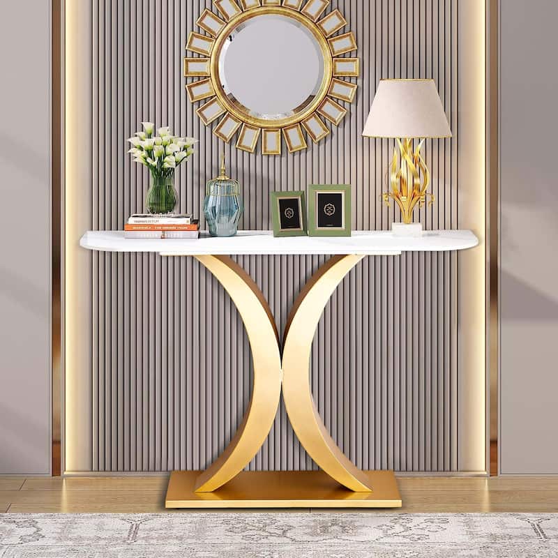 Aukfa 47 inches Modern Console Table with Geometric Metal Base - Gold