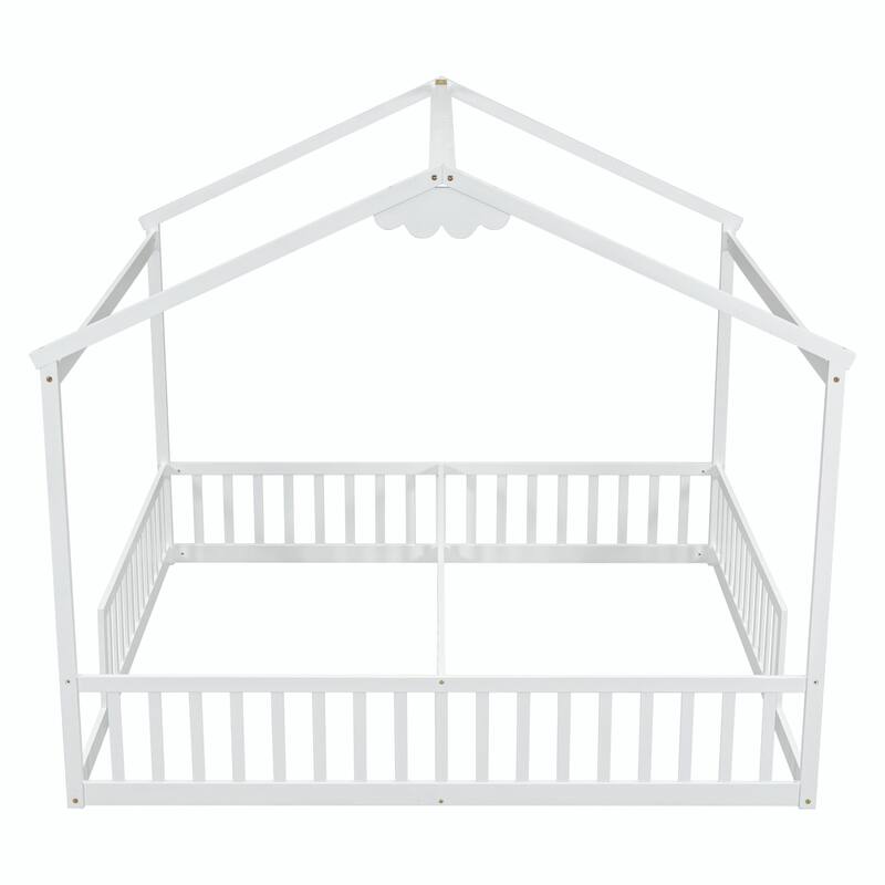 Double Twin House-Style Floor Bed with Fence and Guardrails, No Door