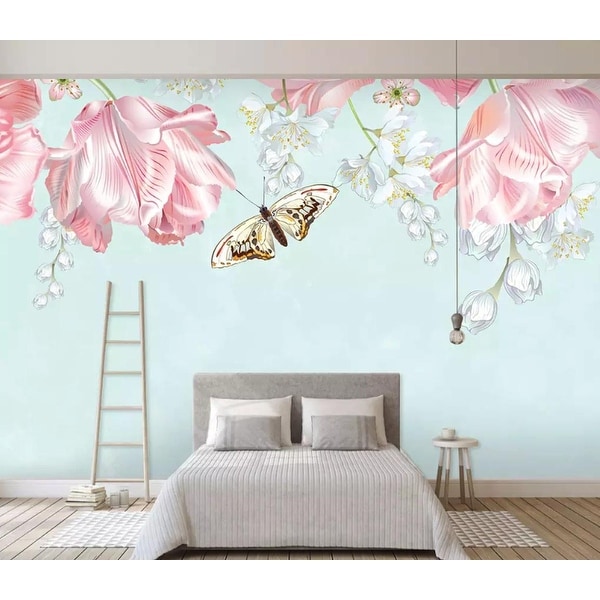 Pink Flowers Yellow Butterfly Classical Removable Textured Wallpaper