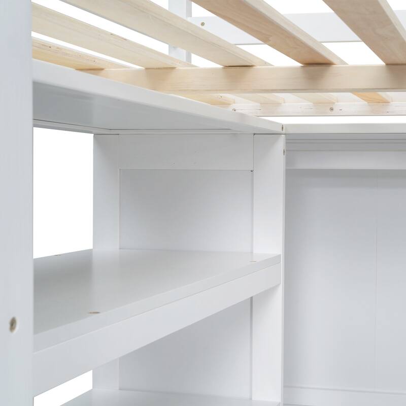 Full Size Pinewood Loft Bed with Built-in Study Desk and Wardrobe, Storage Shelves and 2 Drawers, Full-length Guardrails