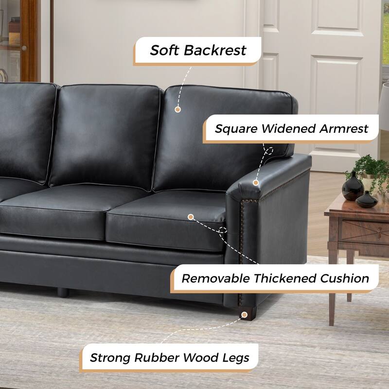 Rita Transitional Living Room 3-Seat Genuine Leather Nailhead Sofa with Solid Wood Legs and Removable Cushions