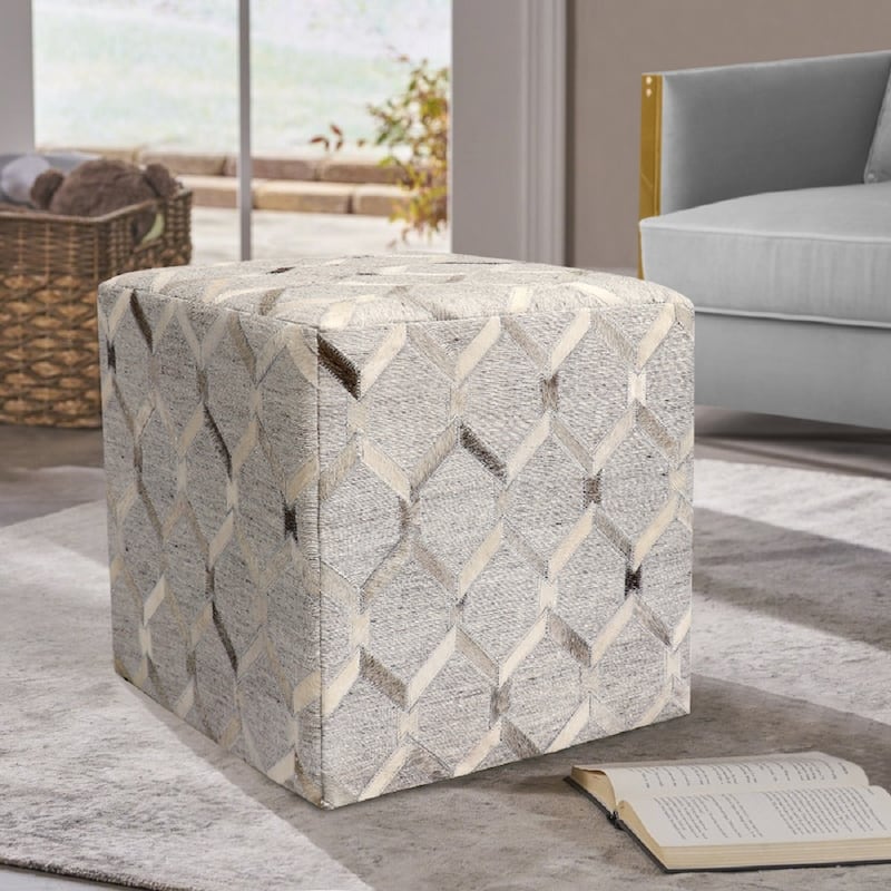 Pasargad Home Galaxy Collection Cowhide Square Ottoman, Silver