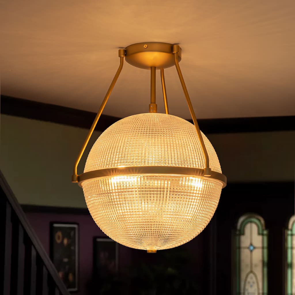 3-Light Glam Brass/Black Textured Glass Globe Bubble Semi-Flush Mount Light for Dining Rooms Foyers - 13.7 in. W x 17.1 in. H