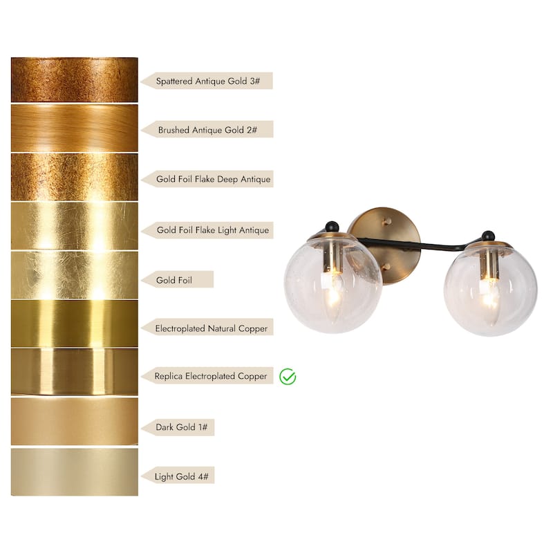 Modern 2-Light Black Gold Bathroom Vanity Lights Over Mirror Dual Globe Seeded Glass Wall Sconces Fixture for Bathroom