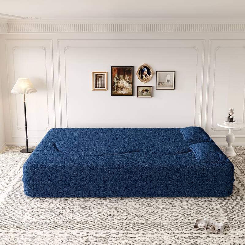 Full Size Folding Blue Sofa Bed with 2 Pillows,No Assembly Required