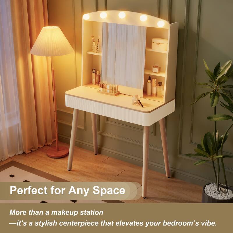 Small Vanity Desk with Mirror and Lights, Big-capacity Storage and Sliding Mirror, Vanity Set with Two Fluted Drawers
