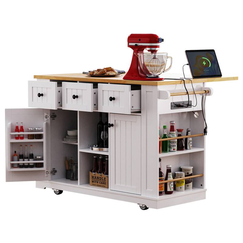 53.14'' Kitchen Island with Drop Leaf, Power Outlet, Door Internal Storage Rack, Rolling Wheels and Drawers