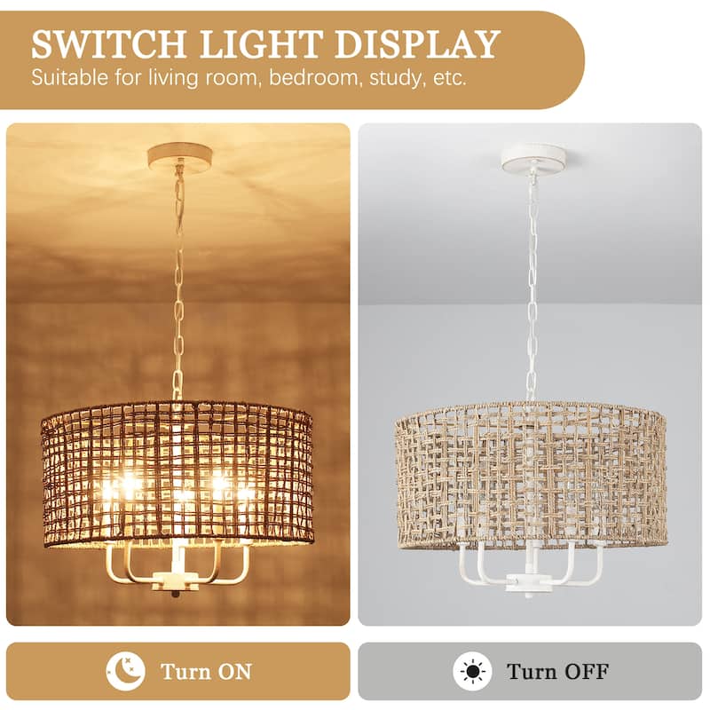 5 - Light Dimmable Drum Chandelier Natural Rattan Bohemian & Coastal Pendant - 18.9 in