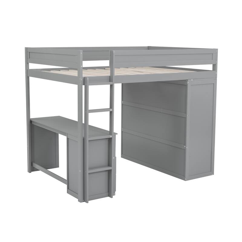Gray Pine Wood Loft Bed with Wardrobes, 2-Drawer Desk, and Cabinet, Full-Length Guardrail