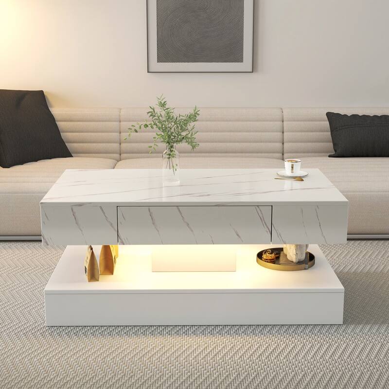 16.93IN High LED Coffee Table with Storage - White Marble