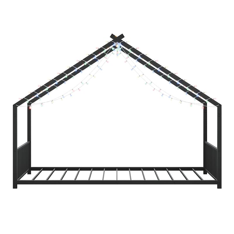 House-shaped Bed Frame, Toddler Kid Iron Floor Bed with House Roof Frame and LED Light Strips, House Daybed